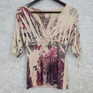 Body Central‎ Butterfly Floral Top Womens Medium Tan Purple Cinched Sleeve Y2K